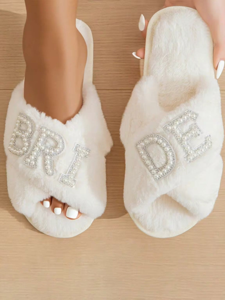 Bride Slippers, Warm And Comfortable Open-Toe Slippers, Suitable For Bridal Parties, Bachelorette Parties And Wedding Day, Flat Criss-Cross White Open-Toe Sandals