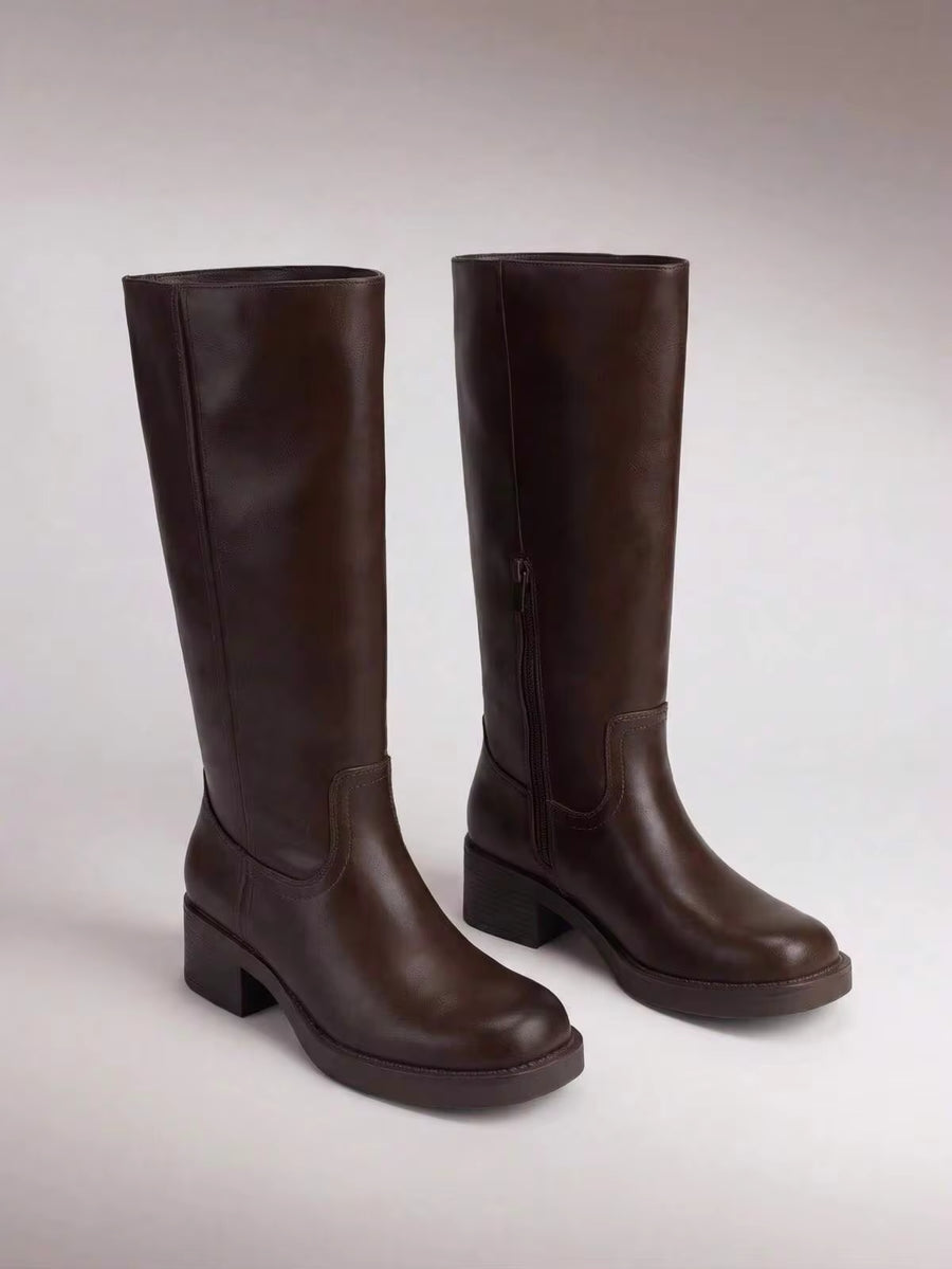 Womens Square Toe Chunky Block Heel Knee High Boots Banana Campus Boots For Women Casual Comfortable Low Heel Side Zipper Riding Tall Boots