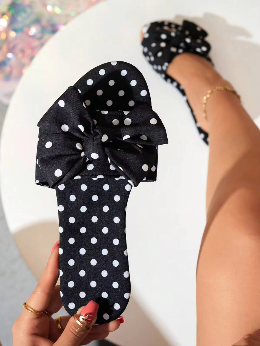 2026 New Big Bow Flat Slippers, Black & White Polka Dot Slip-On Open Toe, Casual Fashion Beach Sandals Suitable For Wide Feet,Summer Shoes