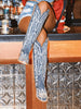 Vintage Fashion Blue Combat Boots For Women Pointed Toe Embroidery Pull On Block Mid Heel Long Boots For Women Country Concert Festival Shoes