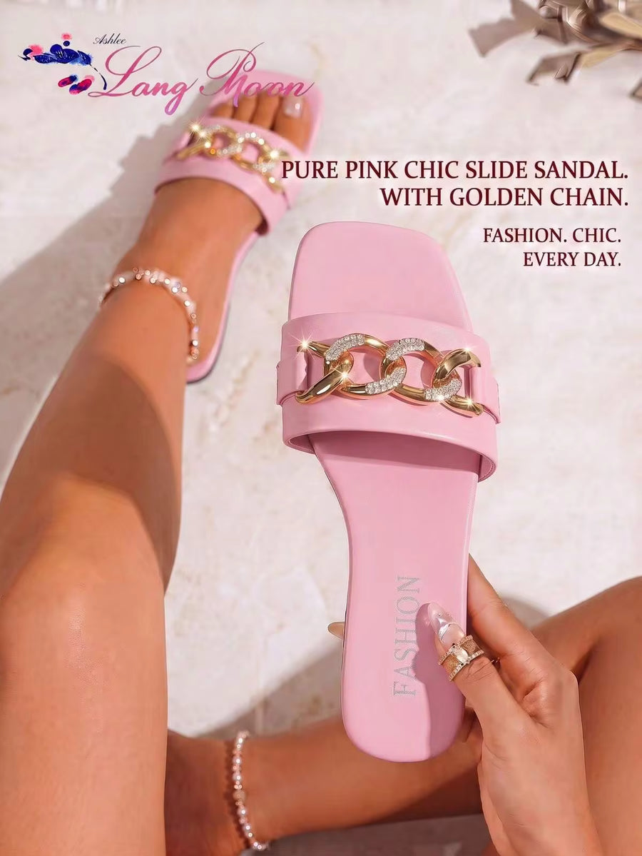 LangMoon Ashlee LangMoon 2026 Pink Women's Fashion Slide Sandals, Luxury Chain Rhinestone Details, Comfortable Flat Soles, Solid Colors, Sexy Elegant Cute, Versatile For Daily Wear, Beach, Vacation, Home, Commute, Party, Resort Wear